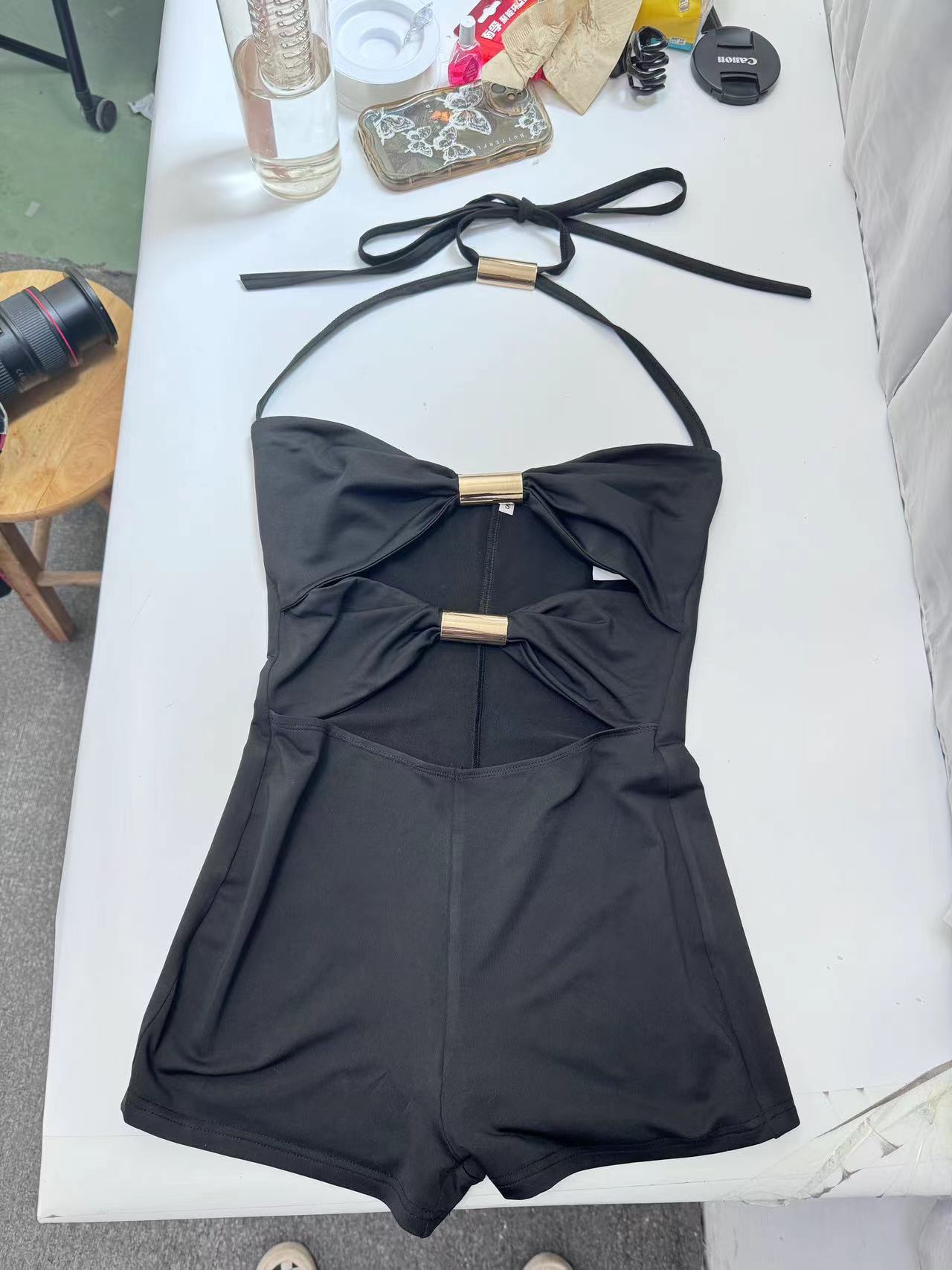 Boho Metal Buckle Halter Cutout Romper