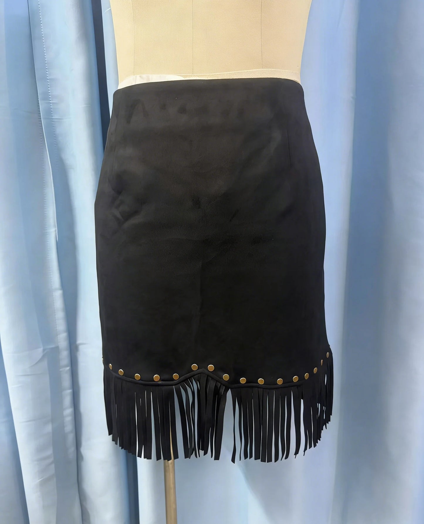Vintage Western Style Suede Rivet Fringe High Waist Mini Skirt | Y2K Slimming A-Line Skirt