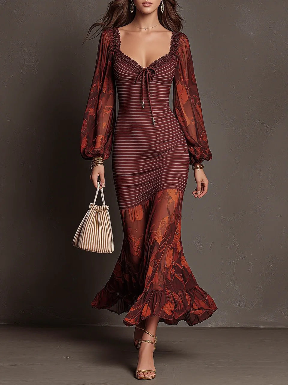 Burgundy Stripe Print Lantern Sleeve Drawstring Square Neck Slim Mermaid Maxi Dress