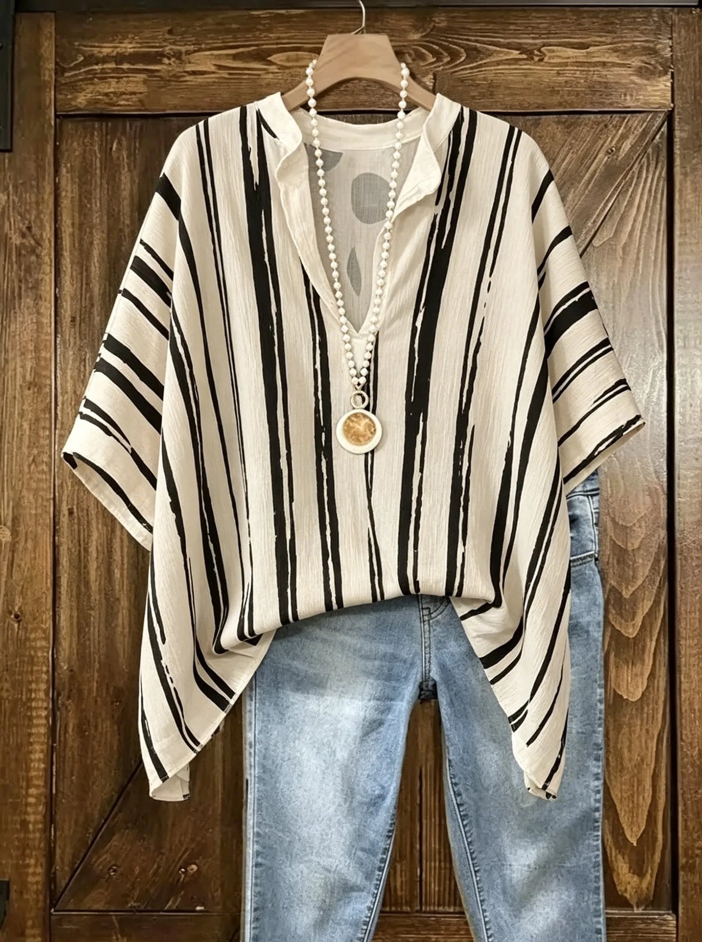 Women Stand Collar V Neck Batwing Short Sleeve Printed Loose Tunic Blouse