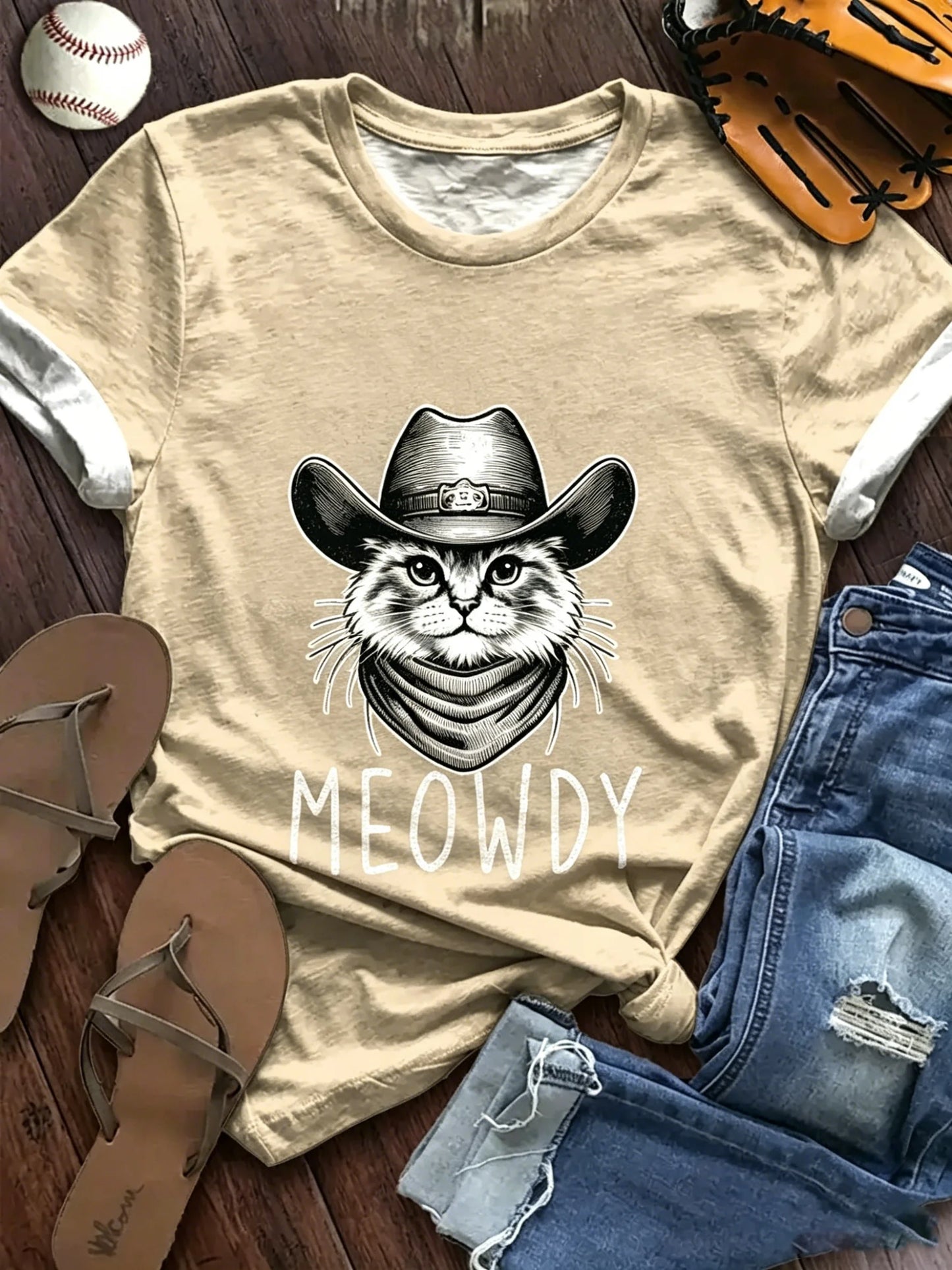 Vintage Western Cowboy Cat Graphic Crew Neck T-Shirt, Funny Meowdy Pun Casual Short Sleeve Tee