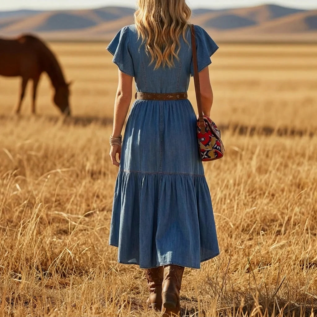 Stand Collar Button Flutter Sleeve Waist Irregular Hem Denim Midi Dress