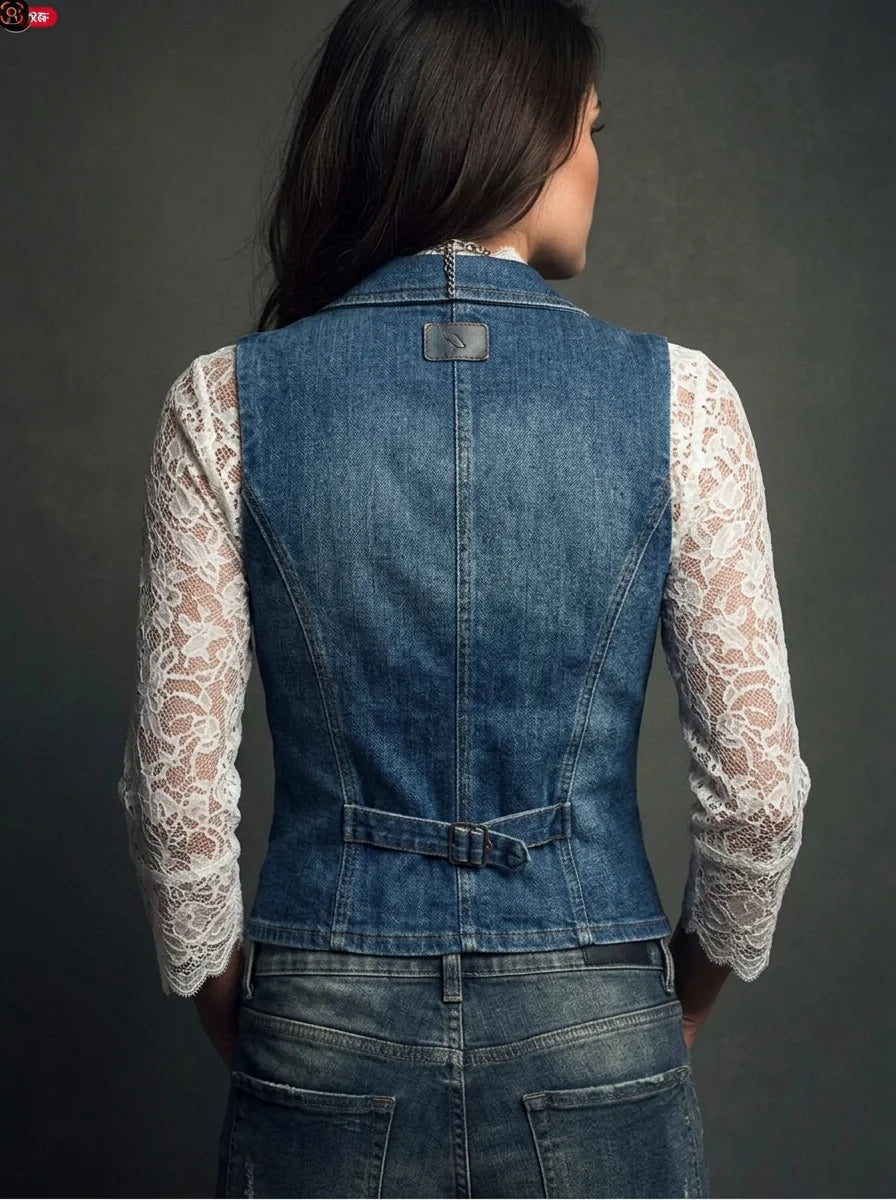Lace Trim Lapel Denim Sleeveless Vest, Adjustable Back Buckle Slim Cropped Jean Waistcoat