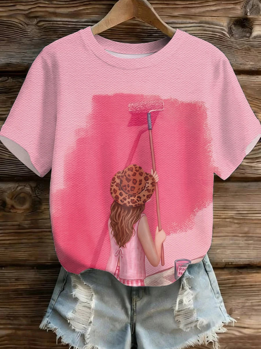 Pink Base Leopard Cowboy Hat Girl Painting Back View Print Crew Neck Short Sleeve T-shirt