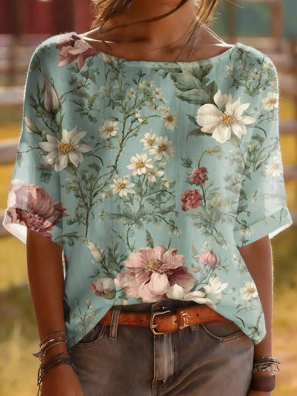 Women Boat Neck Short Sleeve All Over Vintage Floral Print Lightweight Casual Blouse