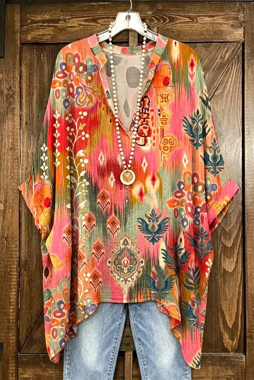 Women Stand Collar V Neck Batwing Short Sleeve Printed Loose Tunic Blouse