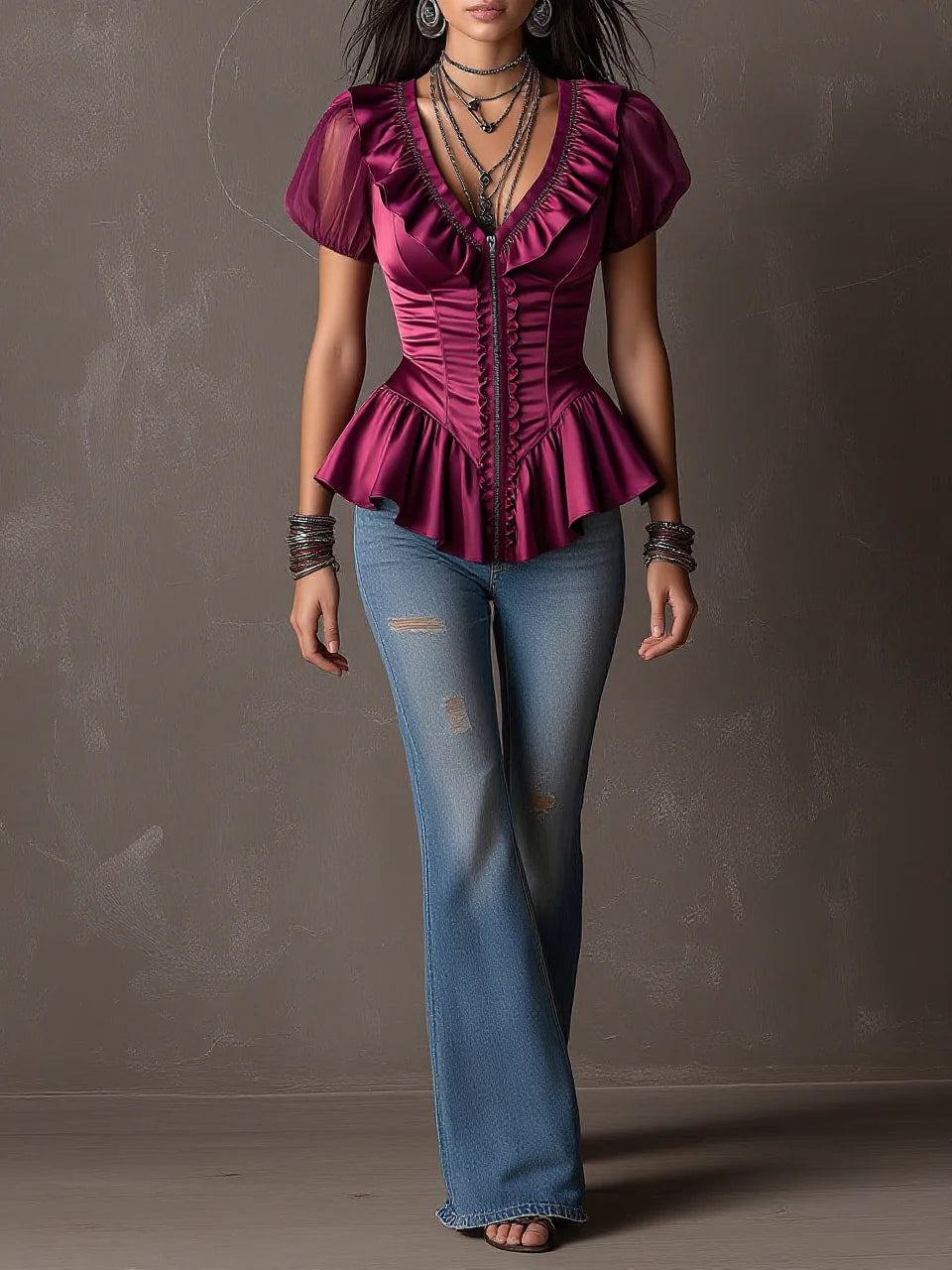 Women V Neck Ruffle Trim Full Zip Sheer Puff Short Sleeve Satin Peplum Corset Blouse