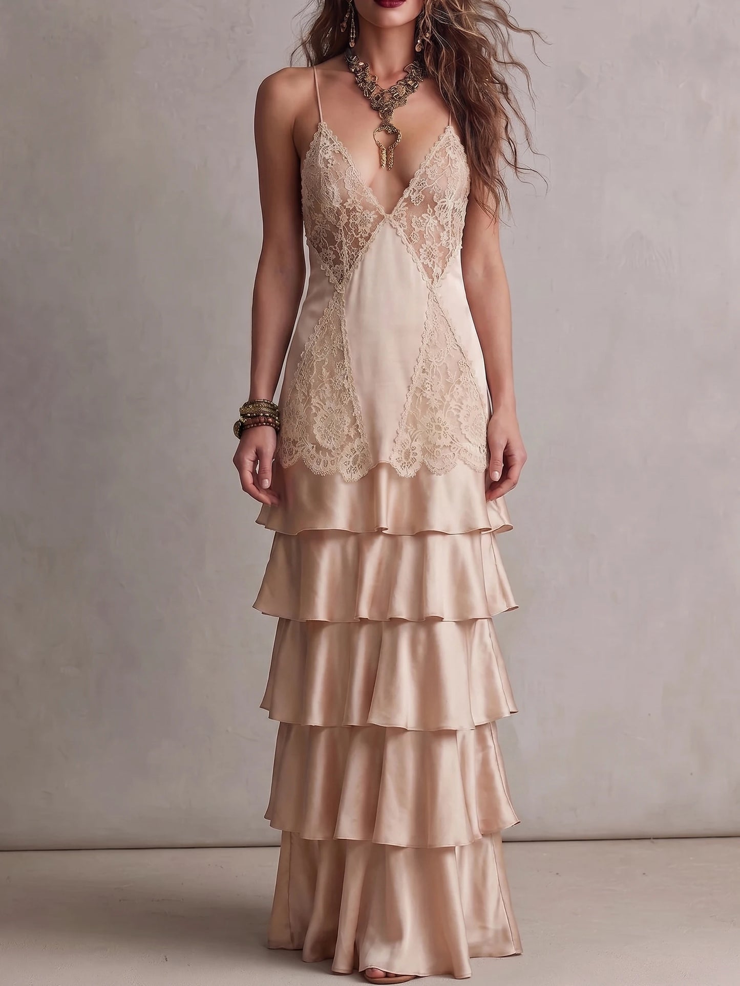 Nude Champagne Lace Panel Deep V Spaghetti Strap Satin Tiered Maxi Dress