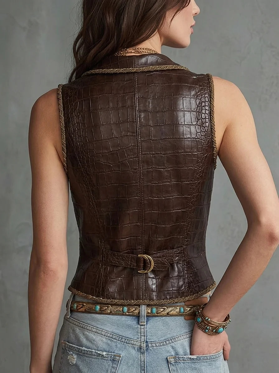 Dark Brown Crocodile Embossed Faux Leather Vest with Gold Braid Trim, Vintage Western Lapel Button Front Slim Waistcoat