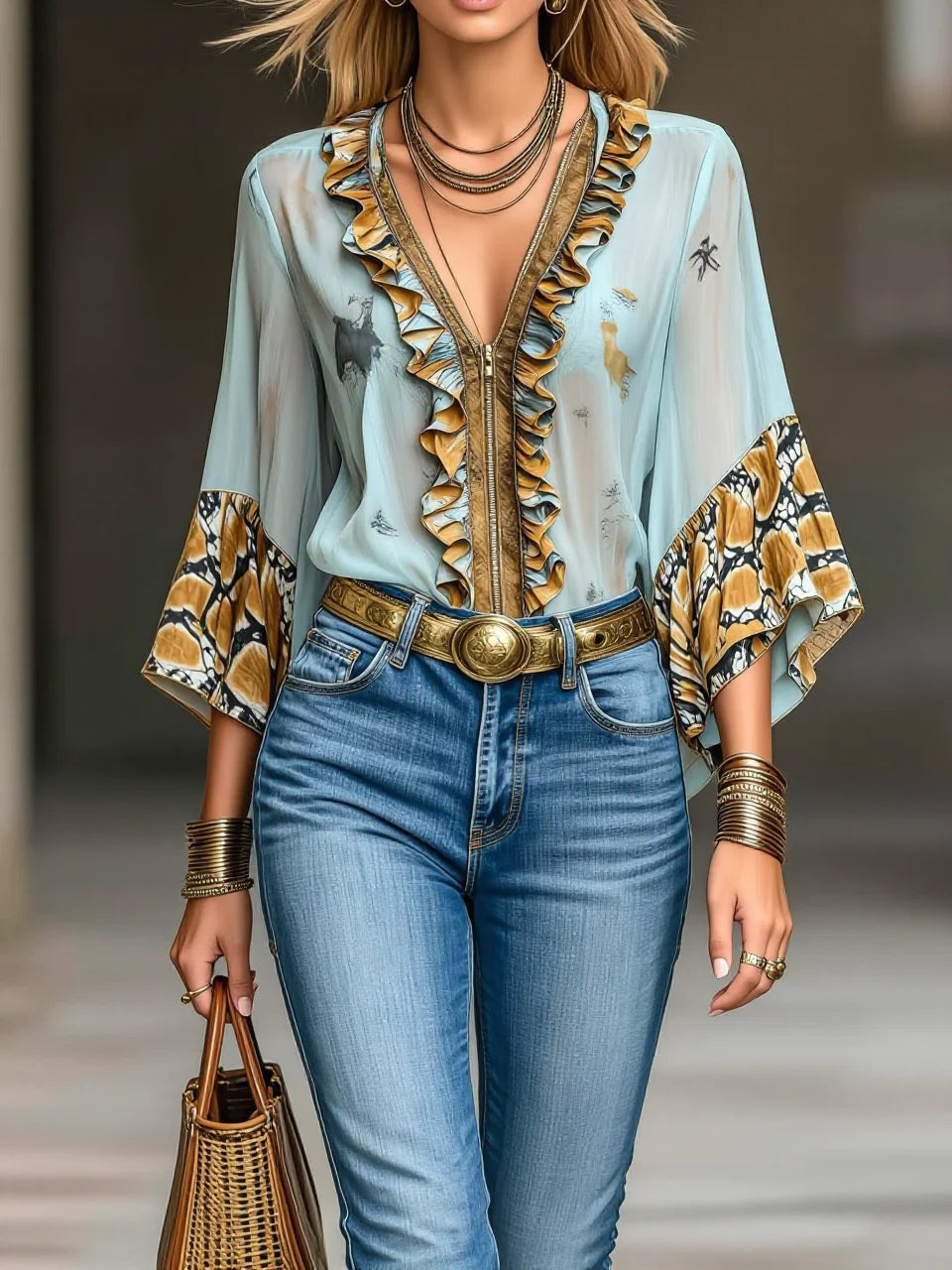 Light Blue Contrast Ethnic Print Ruffled V-Neck Flare Sleeve Chiffon Blouse