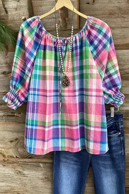 Colorful Pink Green Purple Plaid Drawstring Boat Neck Puff 3/4 Sleeve Loose Casual Blouse