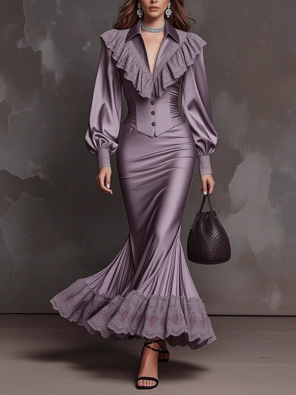 Lavender Satin Lace Ruffle Collar Corset Top & Mermaid Skirt Set(pre order)