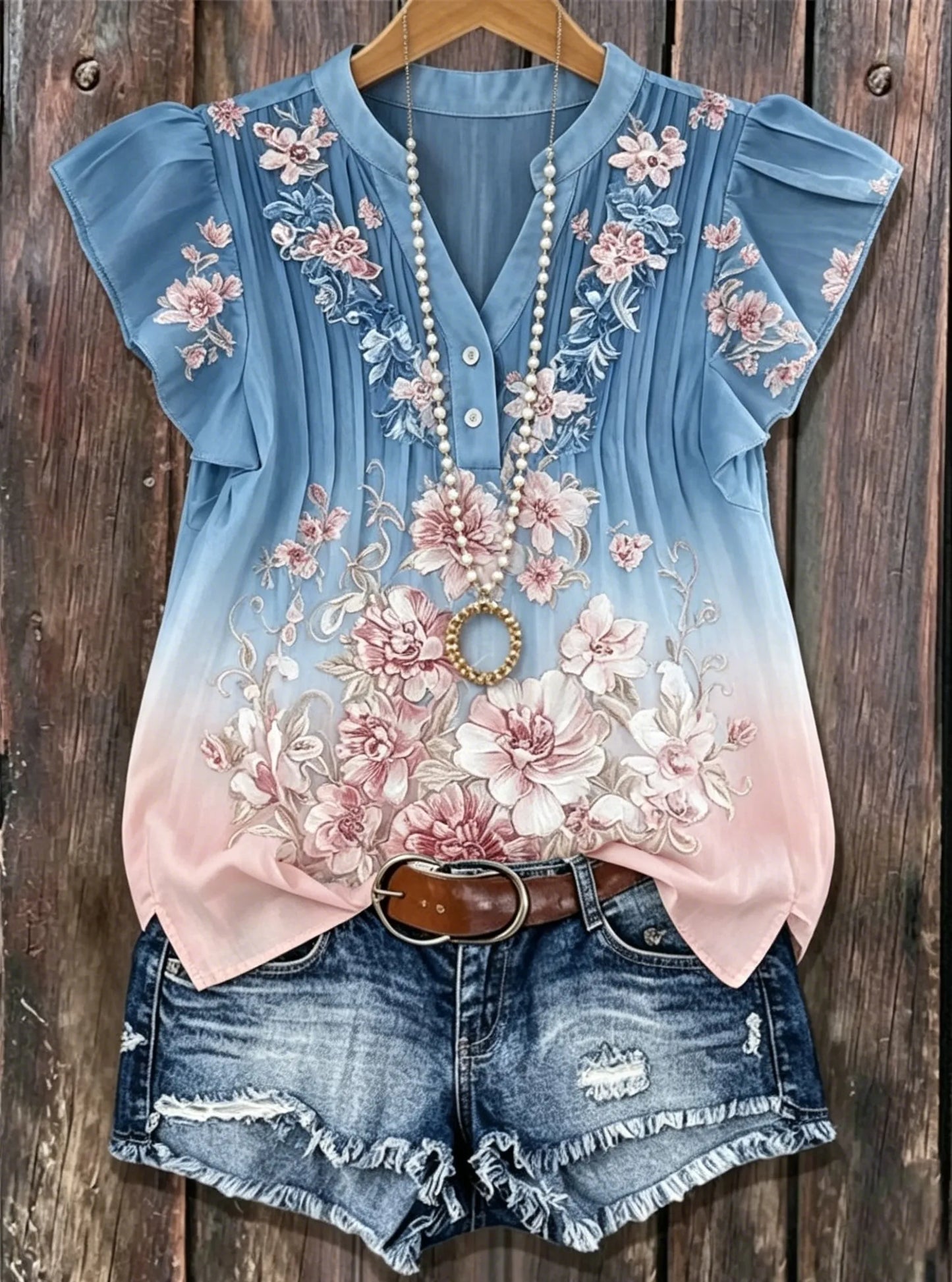 Blue-Pink Gradient Floral Embroidered Henley Neck Pleated Ruffle Sleeve Casual Blouse