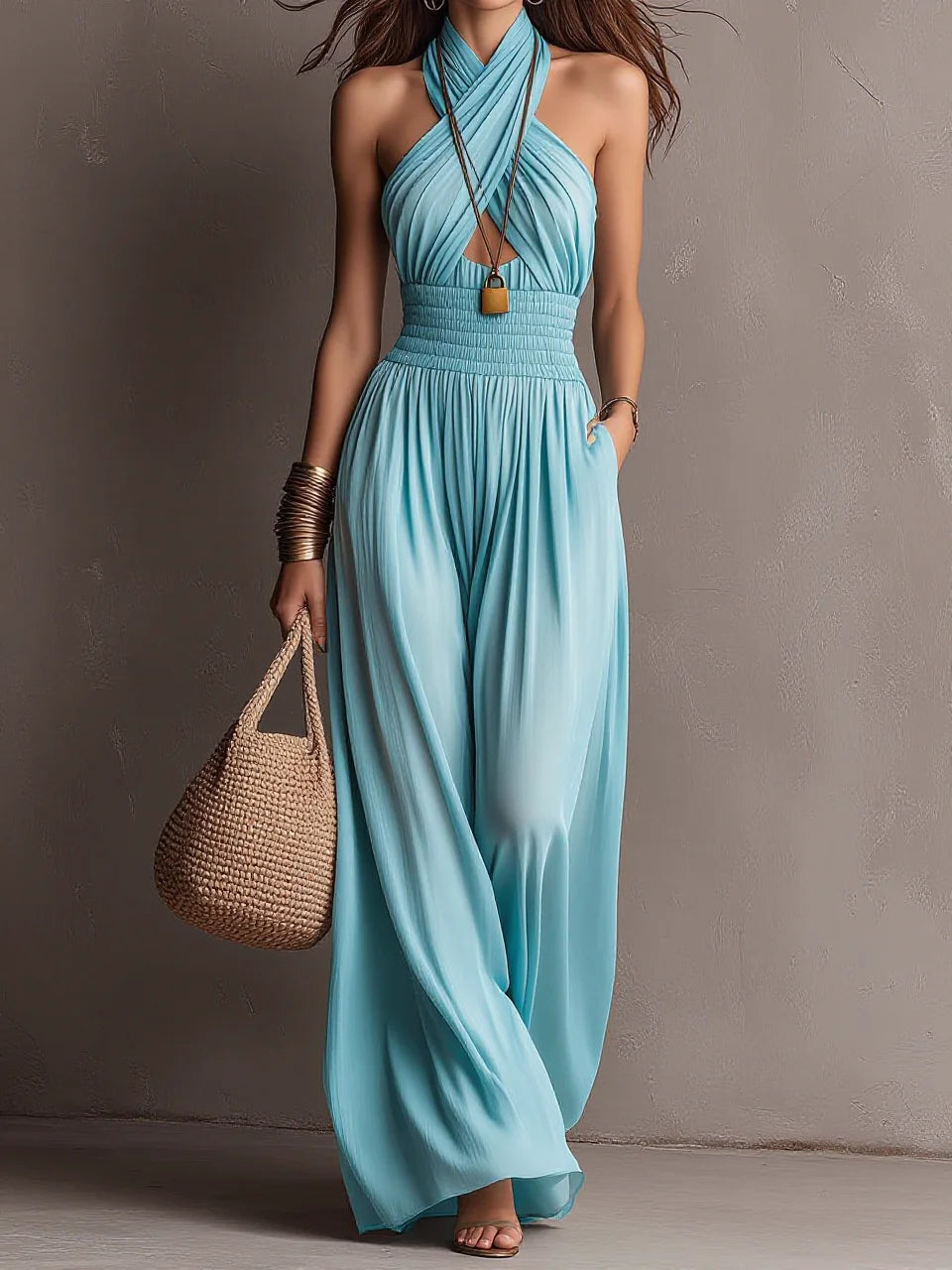 Sky Blue Halter Cross Cut-Out Wide-Leg Jumpsuit