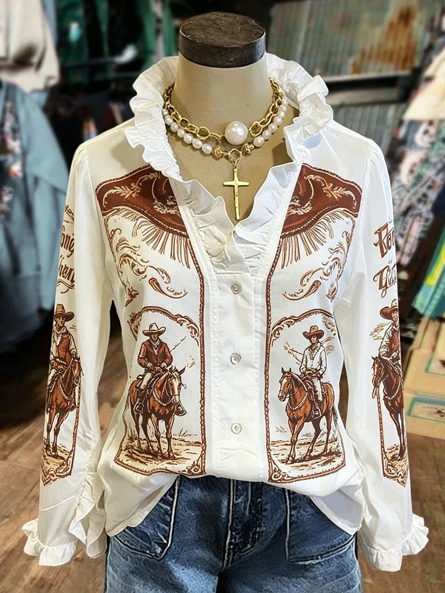 Women Ruffle V Neck Long Sleeve Western Casual Button Down Blouse
