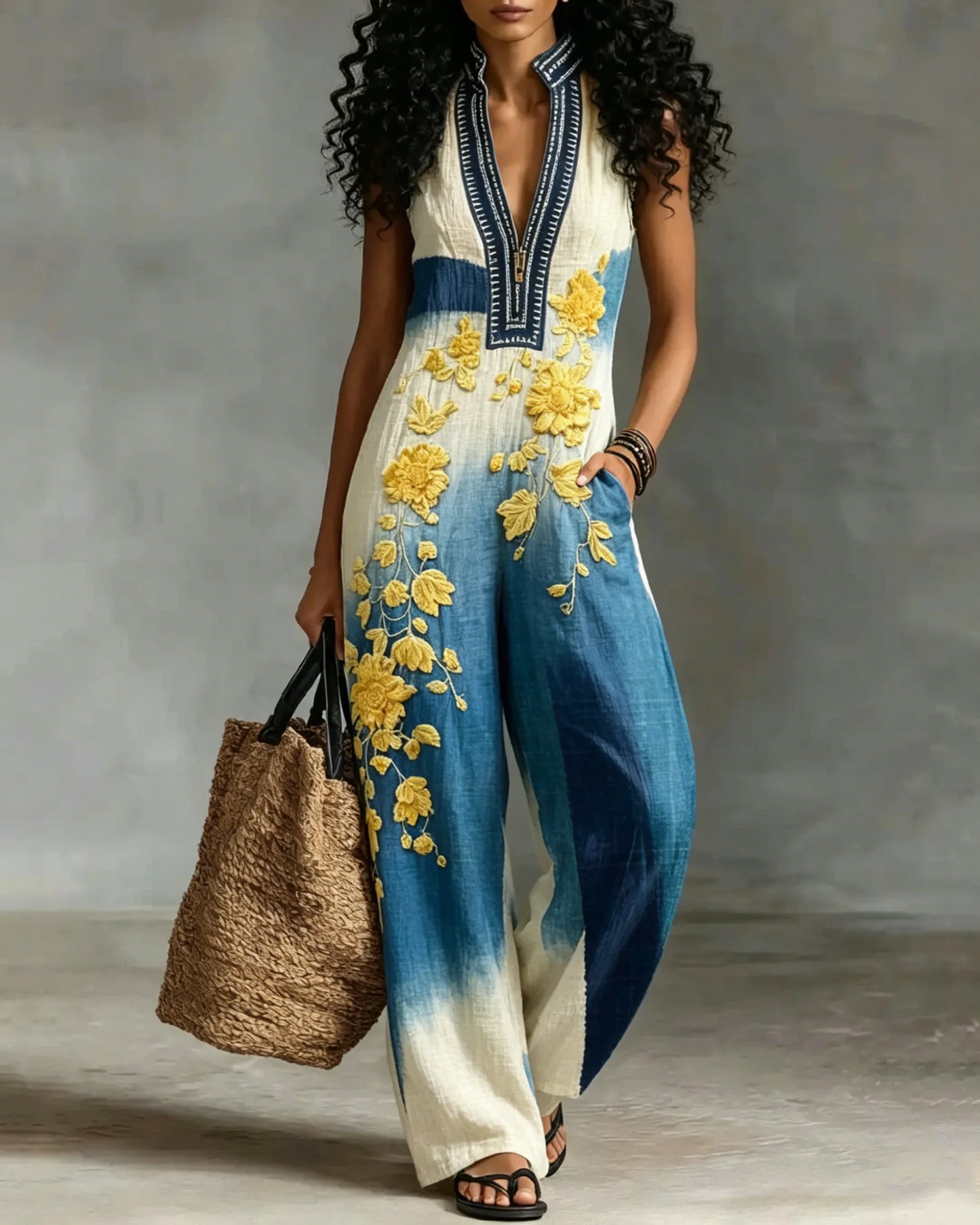 Women Boho Sleeveless V-Neck Printed Wide Leg Casual Jumpsuit