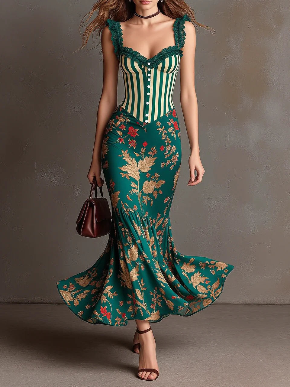 Dark Green Striped Spliced Floral Print Lace-Trim Cami Mermaid Dress(pre order)