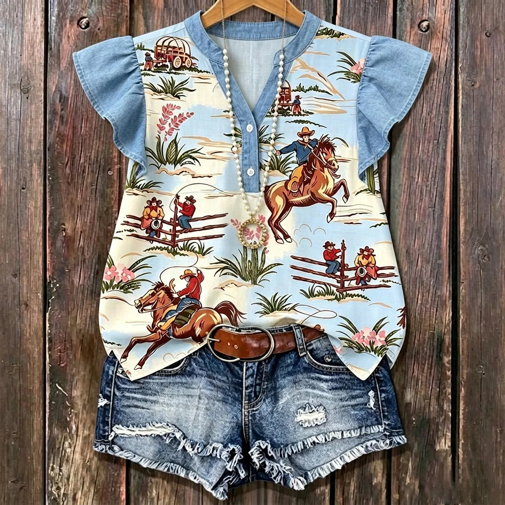 Light Blue Western Cowboy Print Denim Patchwork Henley Neck Ruffle Sleeve Casual Blouse