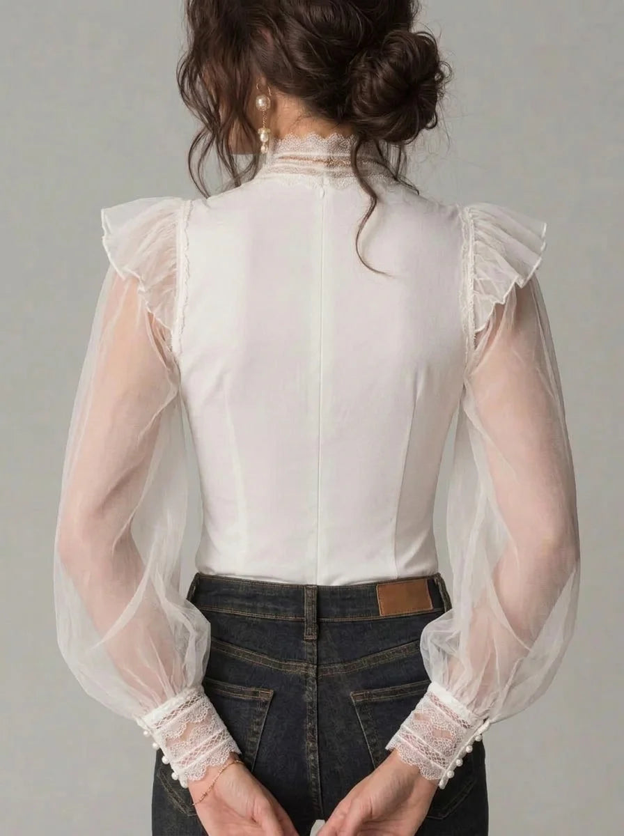 White Lace High Neck Sheer Tulle Puff Long Sleeve Corset Blouse