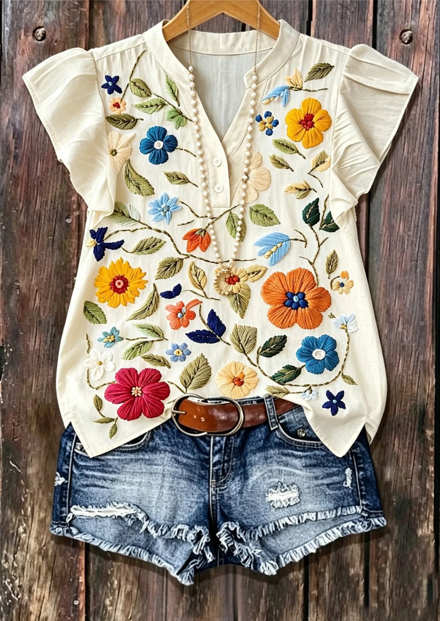 Off White Colorful Floral Embroidery Stand Collar Flutter Sleeve V Neck Short Sleeve Top