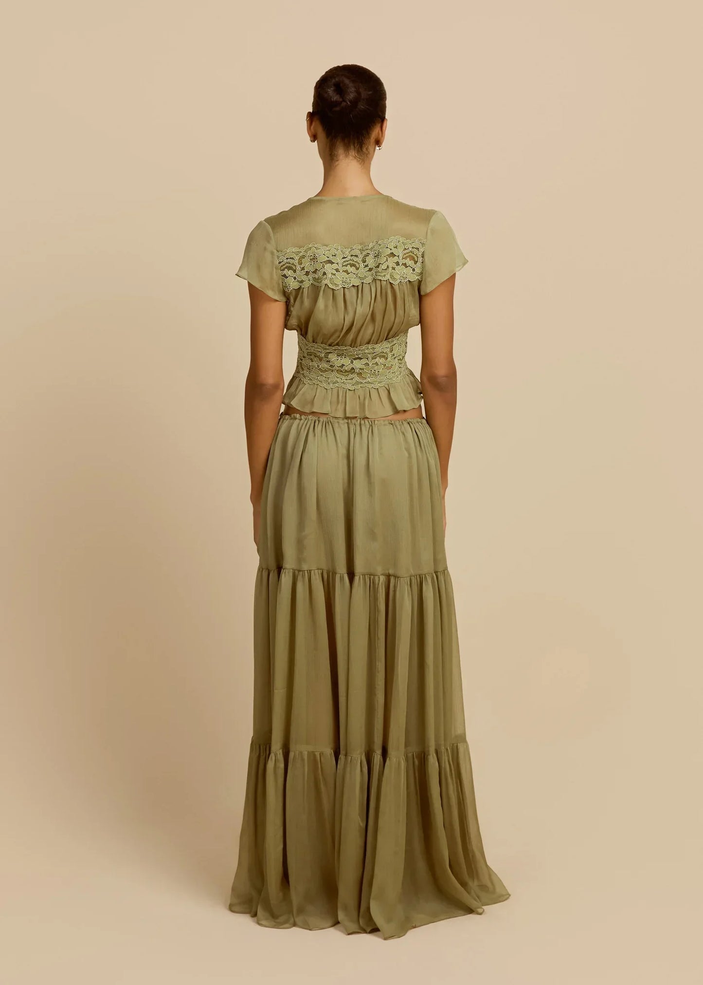 Olive Green Lace Trim Set - French Romantic Two-Piece Set