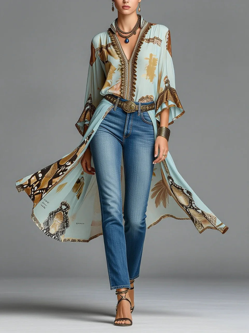 Light Blue Abstract Animal Print V-Neck Flare Sleeve Long Cardigan Cover-Up