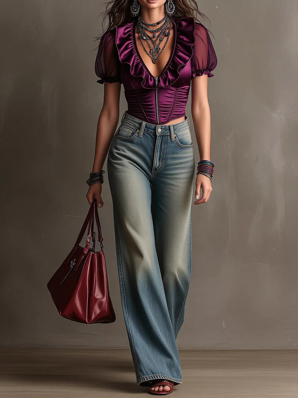 Burgundy Satin Ruffle Sheer Puff Sleeve Corset Crop Top(pre order)