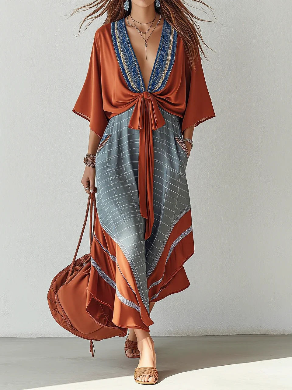 Caramel Embroidered Deep V Tie-Waist Plaid Patchwork Irregular Dress