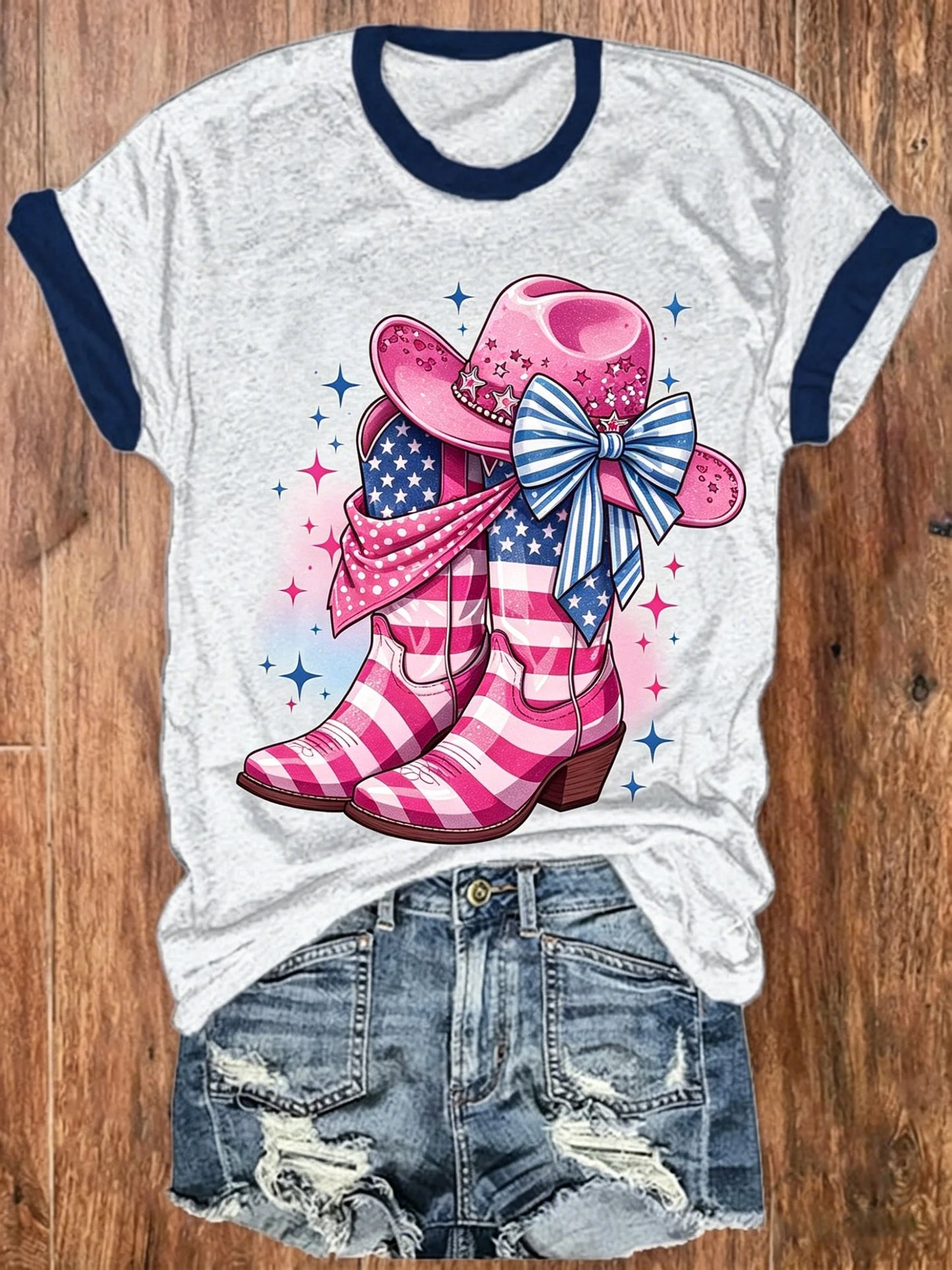 Heather Grey Navy Trim Pink Cowboy Hat Star Stripe Cowboy Boots Bow Print Short Sleeve Ringer Tee