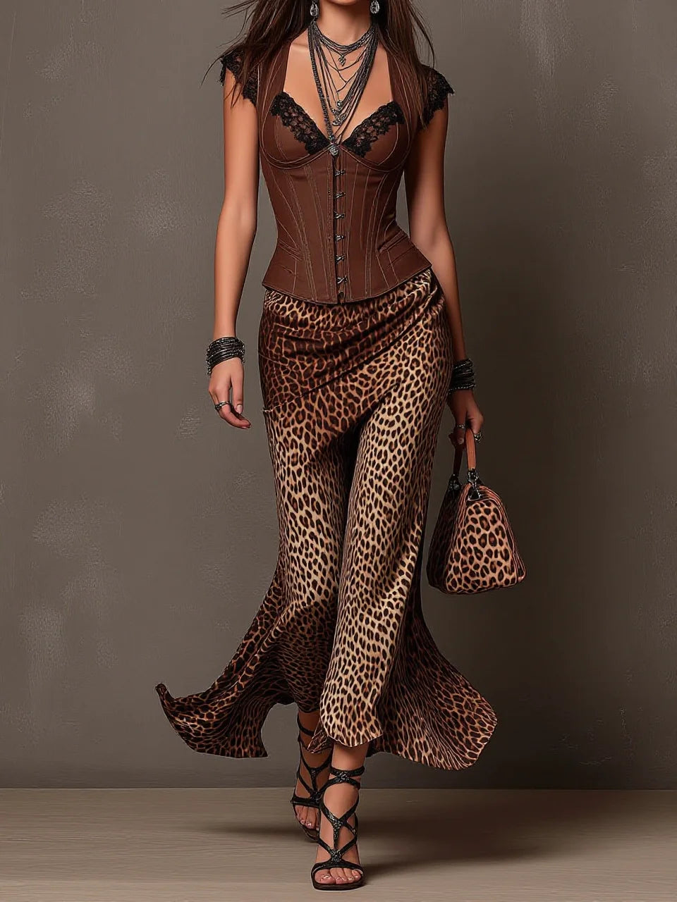 Brown Lace Trim Corset Top & Leopard Print Mermaid Skirt Set(pre order)