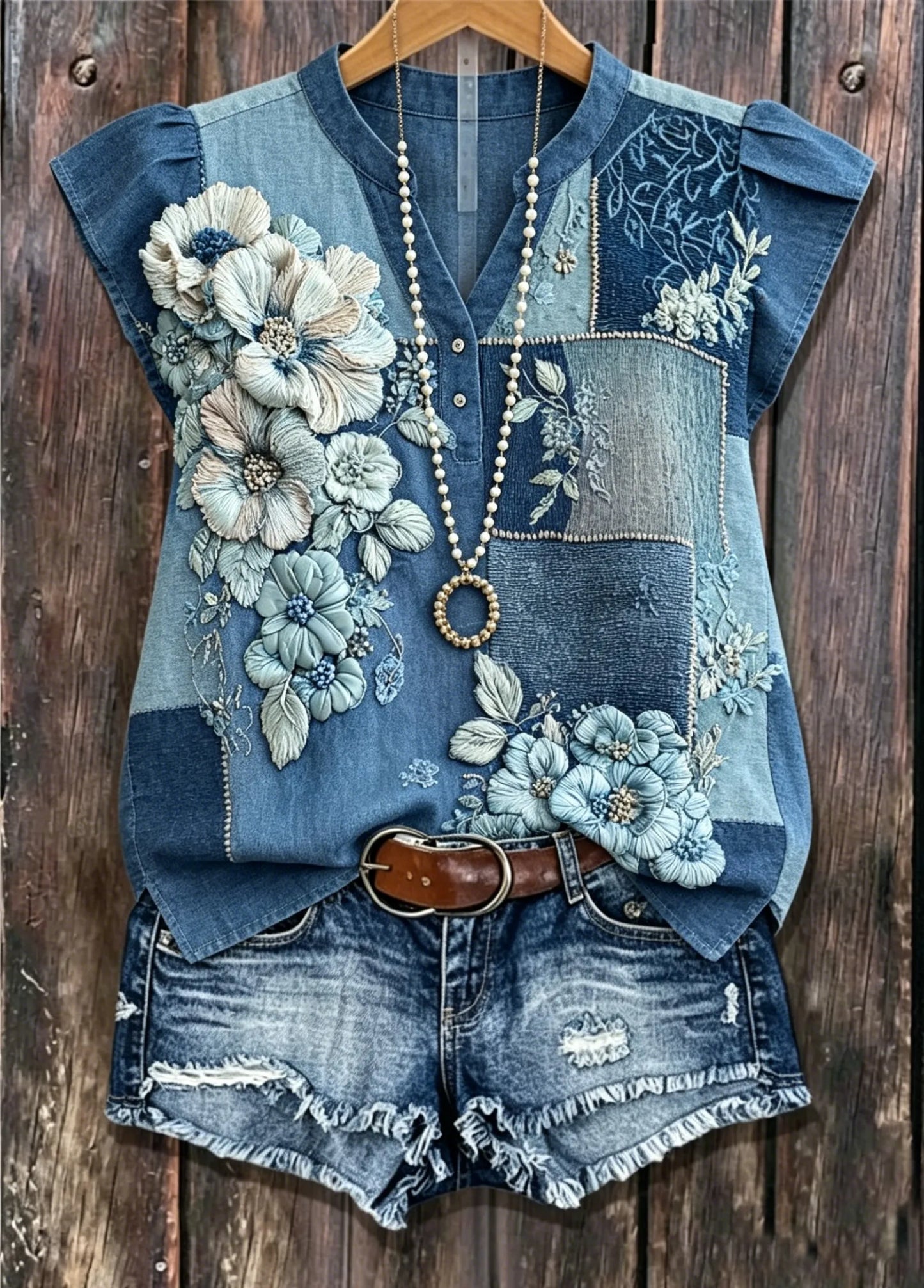 Patchwork Denim 3D Floral Embroidery Cap Sleeve V Neck Blouse, Vintage Country Spliced Jean Casual Top