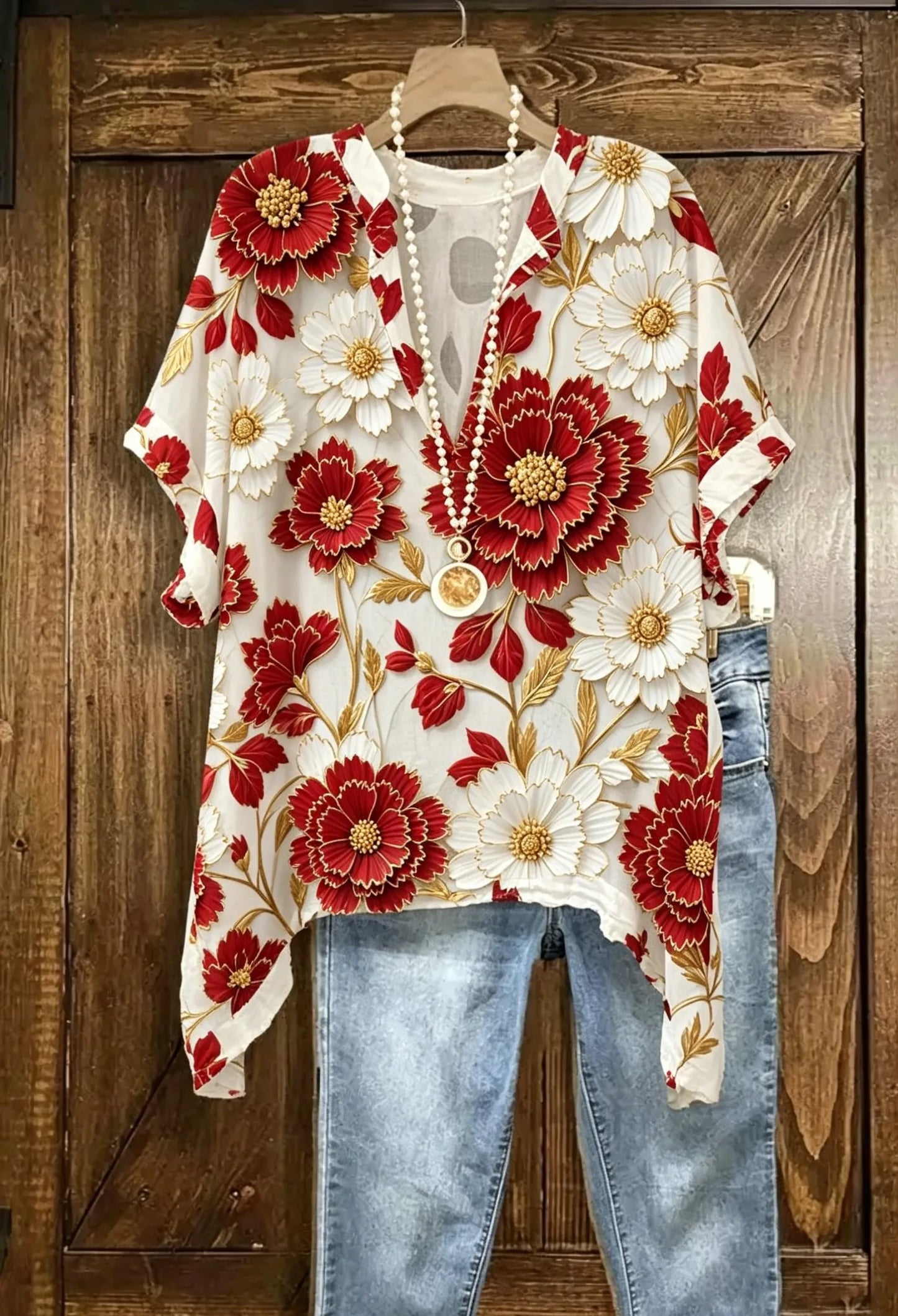 White Base Red Gold Floral V Neck Short Sleeve Irregular Hem Loose Casual Top