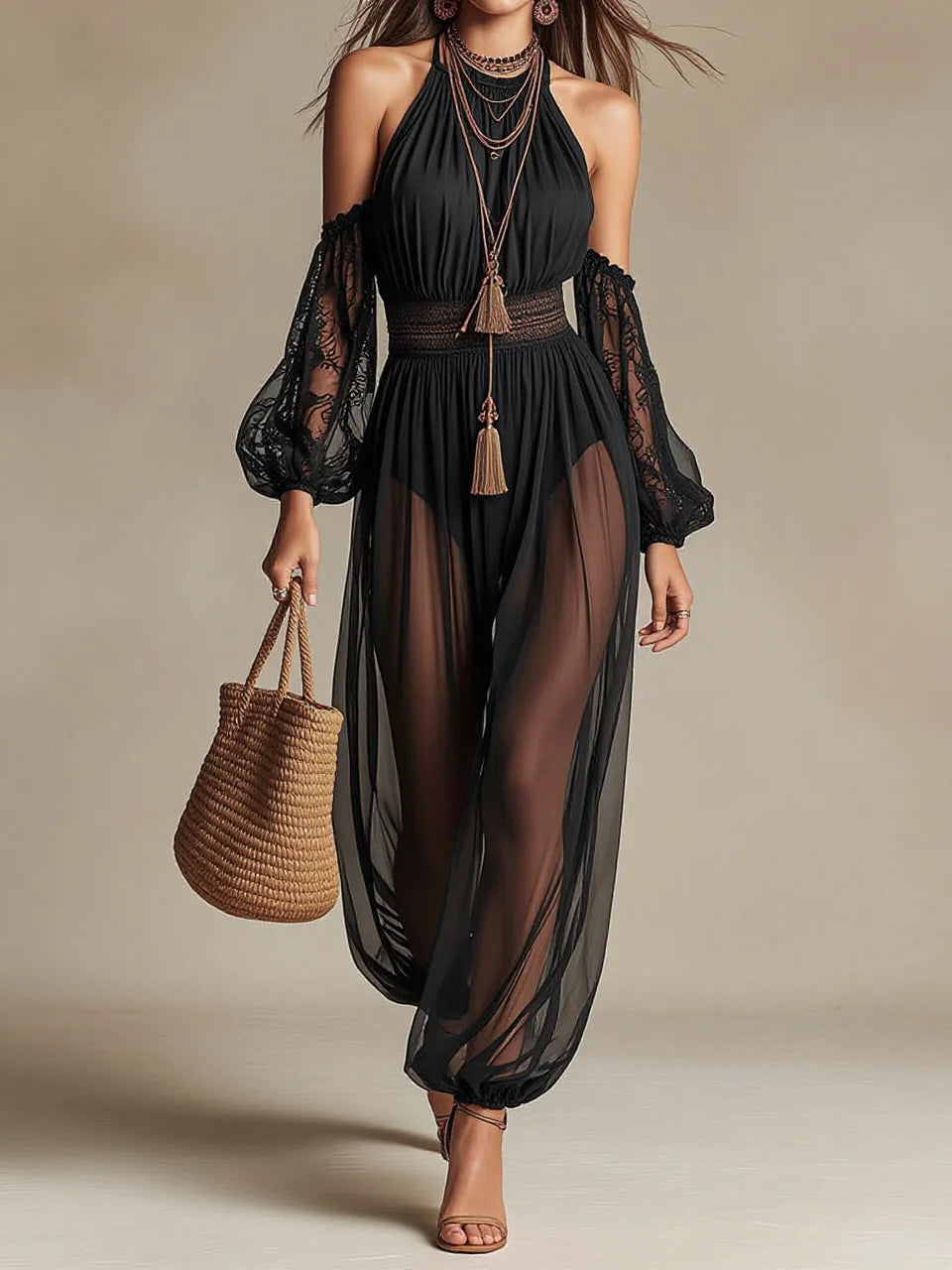 Black Halter Off-Shoulder Lace Sheer Jumpsuit(pre order)