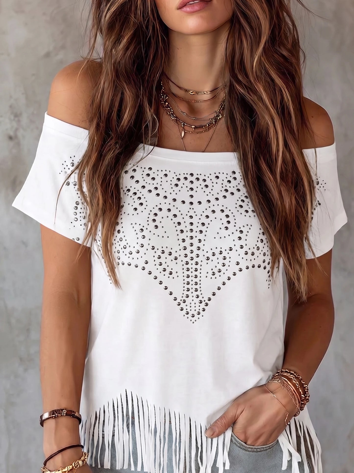 White Off Shoulder Rhinestone Heart Fringe Hem Short Sleeve Top, Western Boho Cold Shoulder Casual Blouse