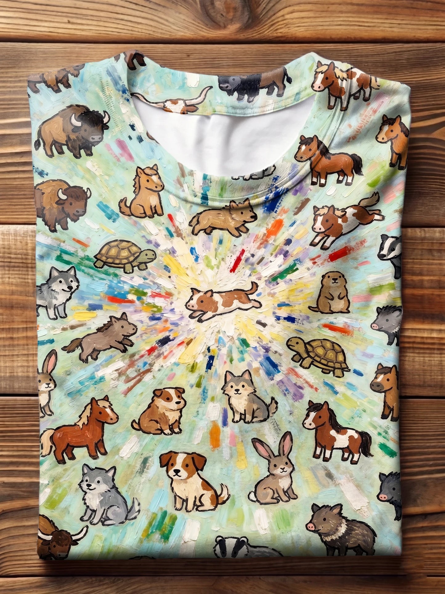 Mint Green Radiant Brushstroke Cartoon Prairie Animals All Over Print Crew Neck T-shirt