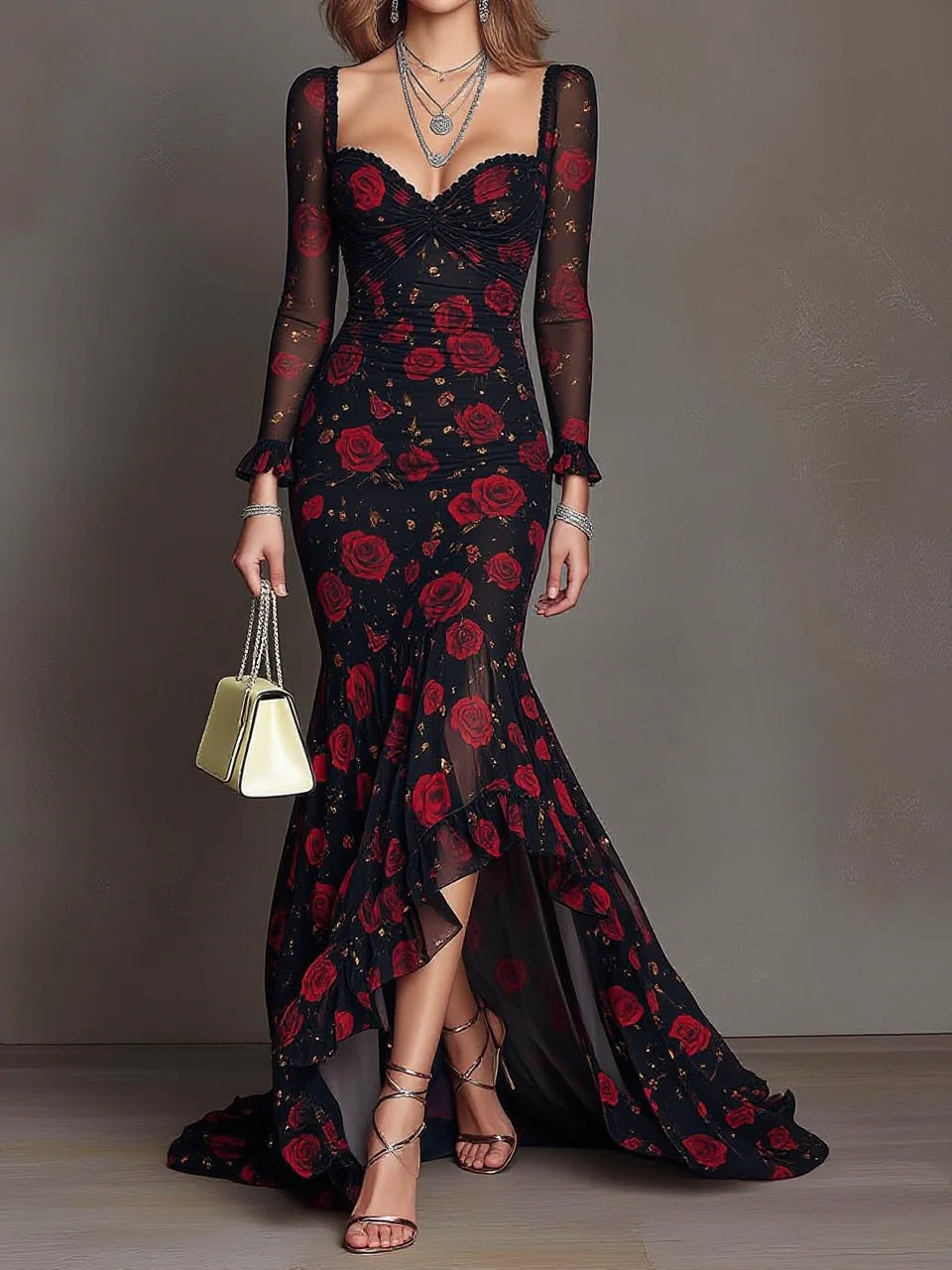 Black Red Rose Print Mesh Square Neck High-Low Mermaid Gown(pre order)