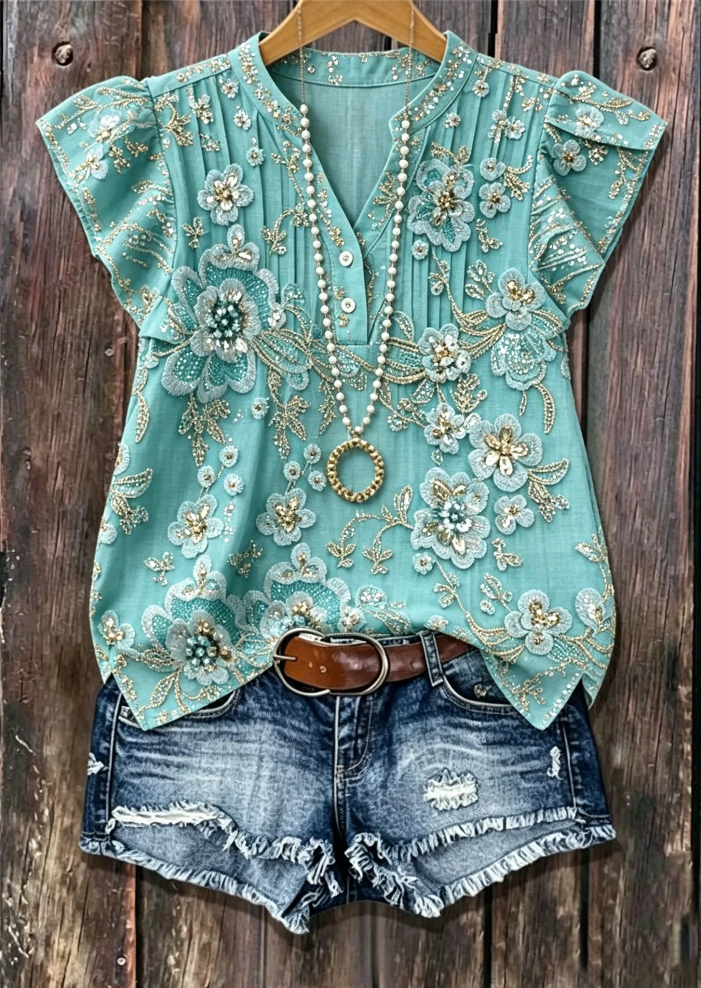 Lake Blue Beaded Floral Embroidery V-Neck Ruffle Sleeve Blouse