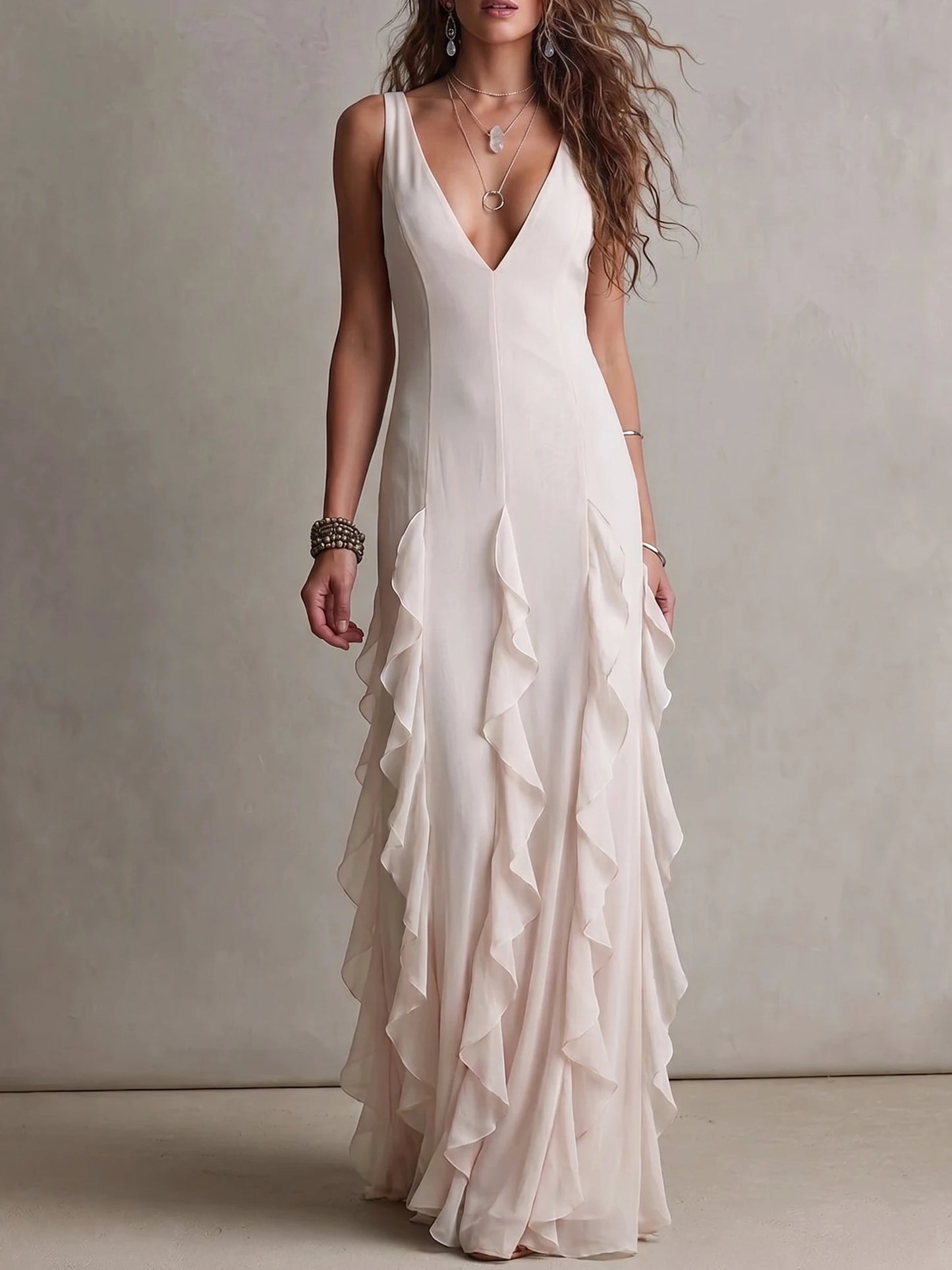 Women Sleeveless Deep V-Neck Vertical Ruffle Chiffon Maxi Slip Dress