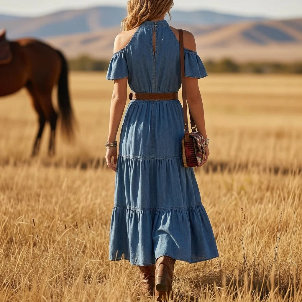 Halter Cold Shoulder Ruffle Sleeve Waist Tiered Denim Maxi Dress
