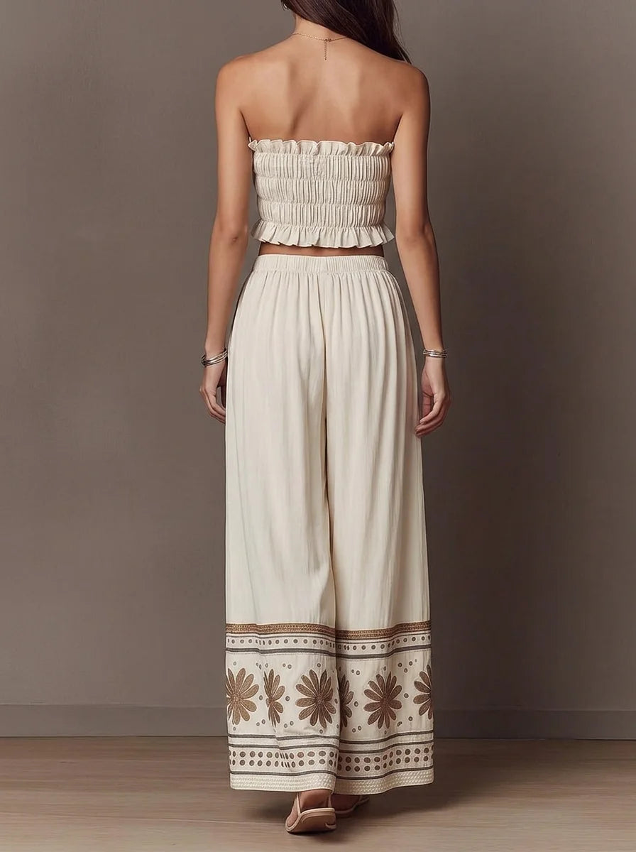 Boho Two Piece Outfit, Ruffle Smocked Tube Crop Top & Floral Border Print Wide Leg Palazzo Pants Set