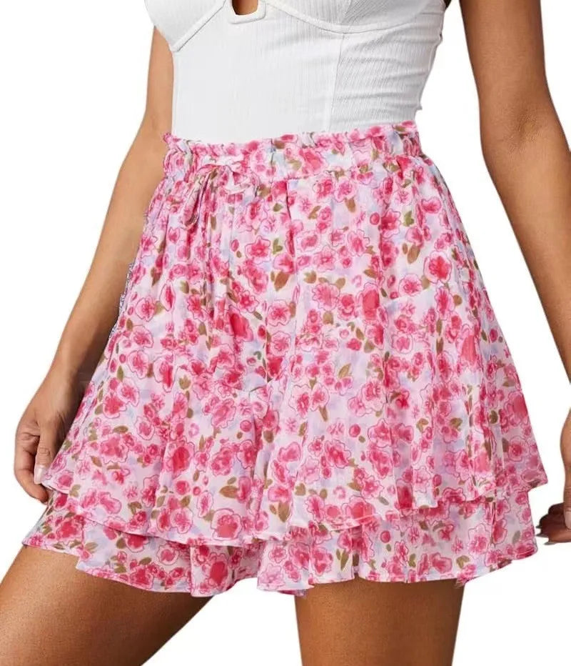 Boho Print Drawstring Elastic Waist Double Layer Ruffle Chiffon Mini Skirt