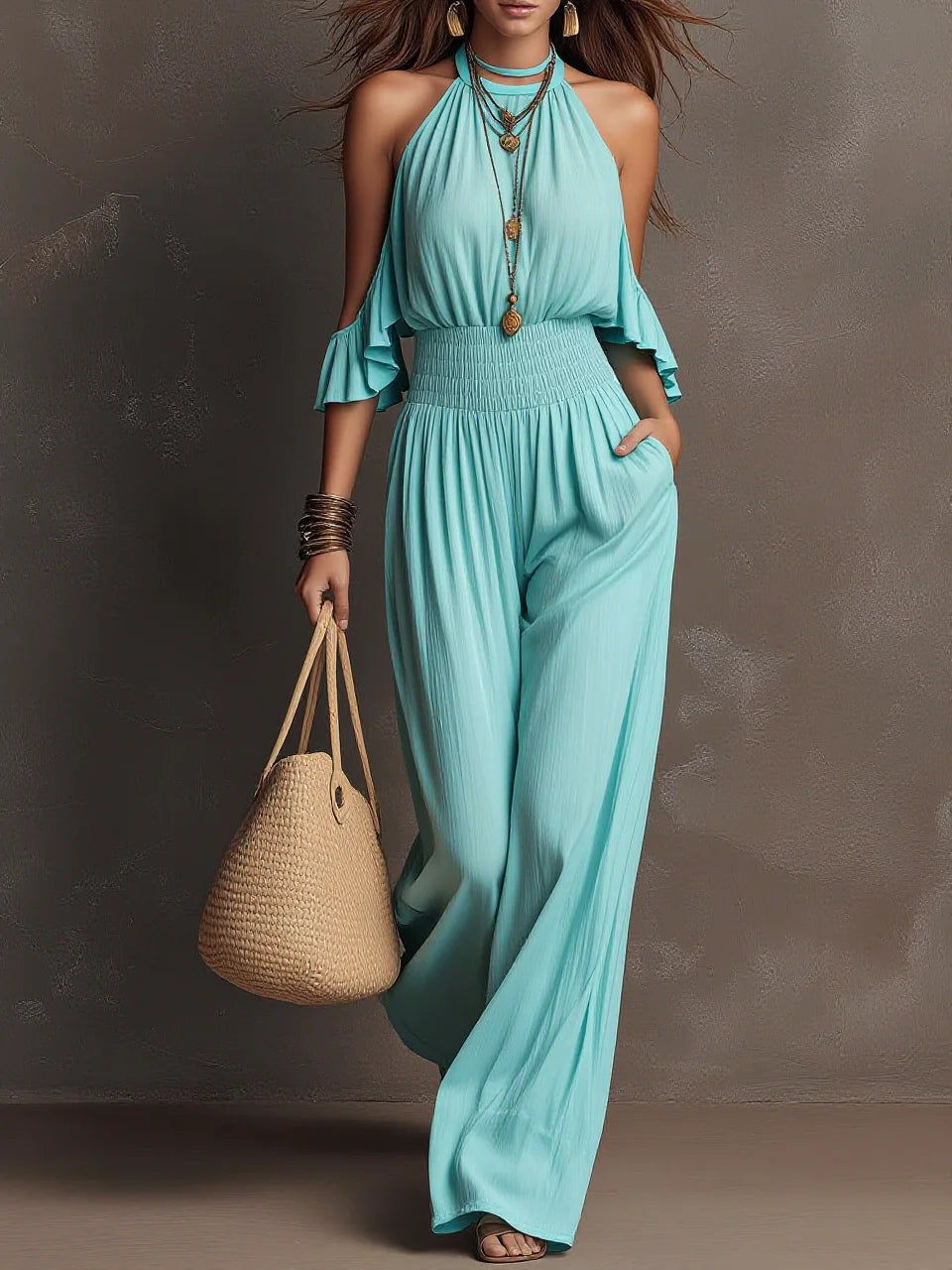 Women Halter Cold Shoulder Ruffle Short Sleeve Smocked High Waist Wide Leg Jumpsuit