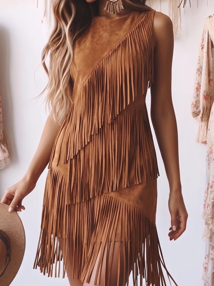 Tan Suede Sleeveless Diagonal Multi-Layer Fringe Mini Dress