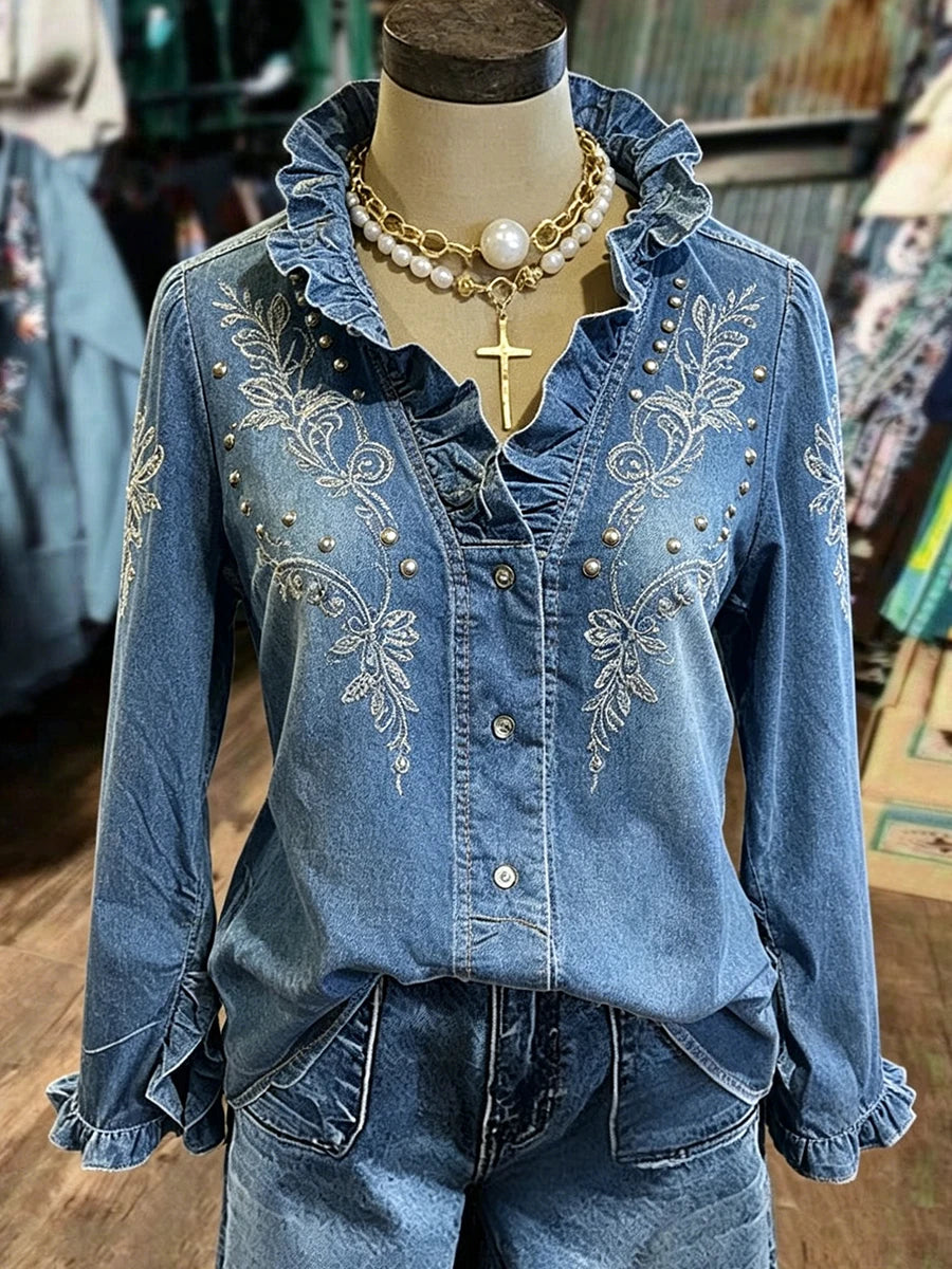 Women Ruffle V Neck Long Sleeve Western Casual Button Down Blouse