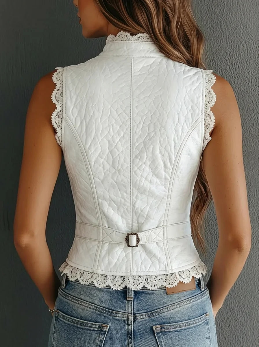 White Quilted Faux Lace Trim Faux Leather Sleeveless Vest