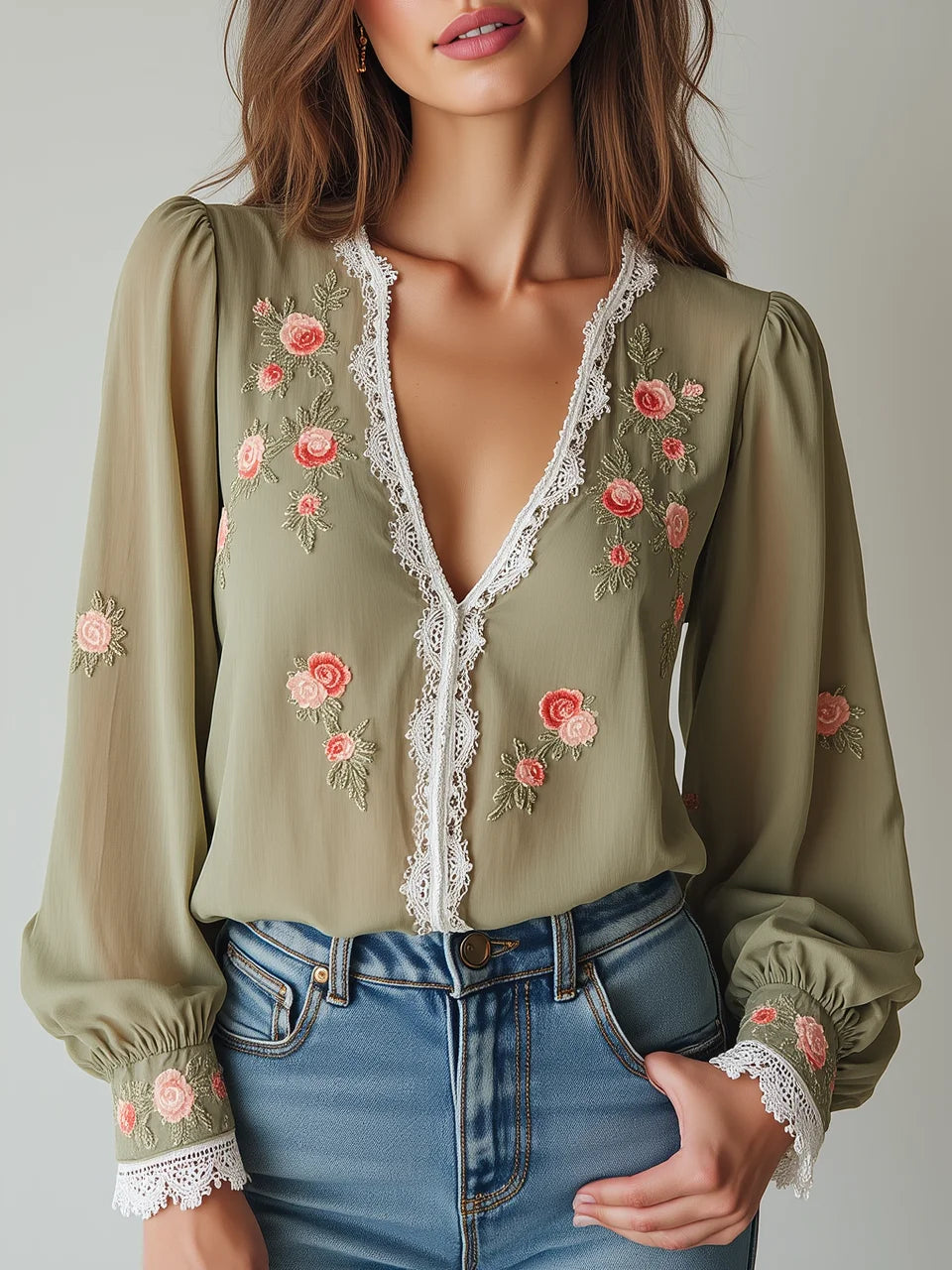 Women Lace Trim V Neck 3D Floral Embroidery Puff Long Sleeve Sheer Chiffon Blouse