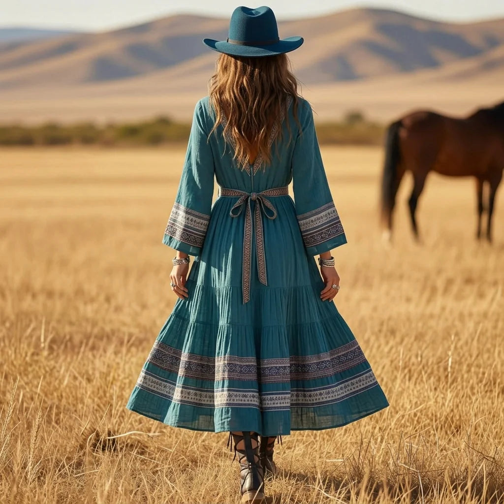 V Neck Tie Waist Ethnic Print 3/4 Bell Sleeve Boho Tiered Maxi Dress