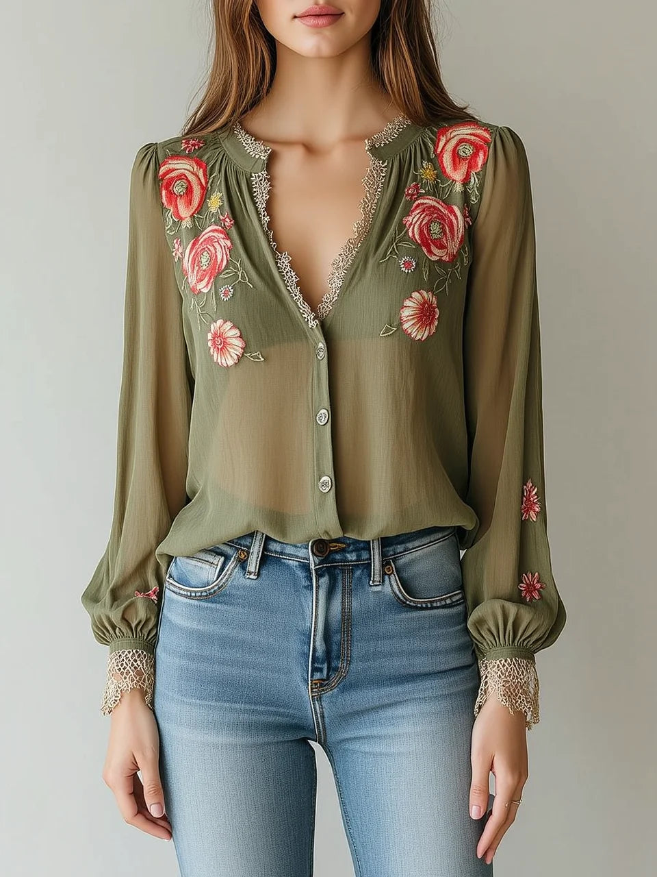 Olive Green Floral Embroidery Lace Trim V-Neck Sheer Blouse