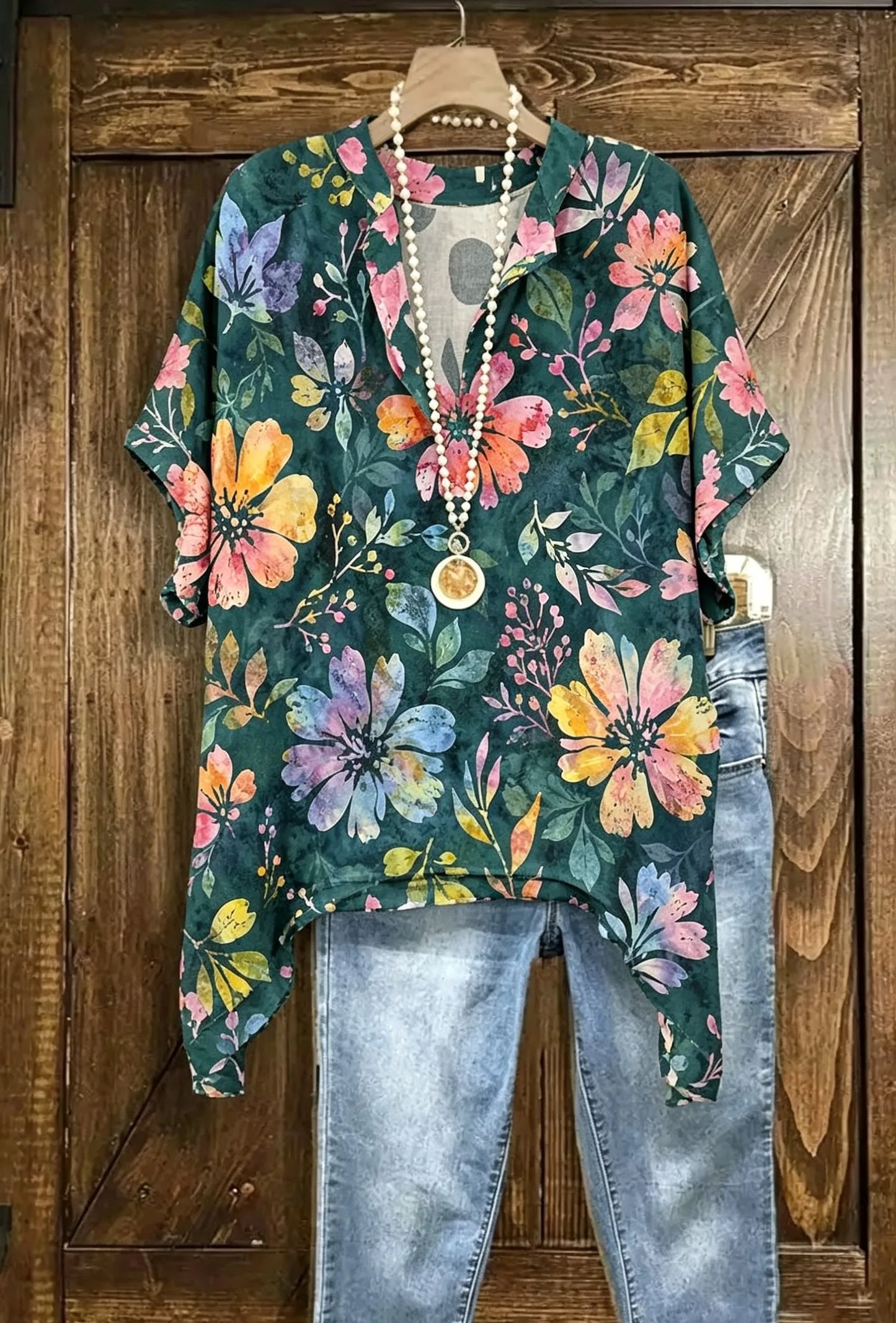 Women Stand Collar V Neck Batwing Short Sleeve Printed Loose Tunic Blouse