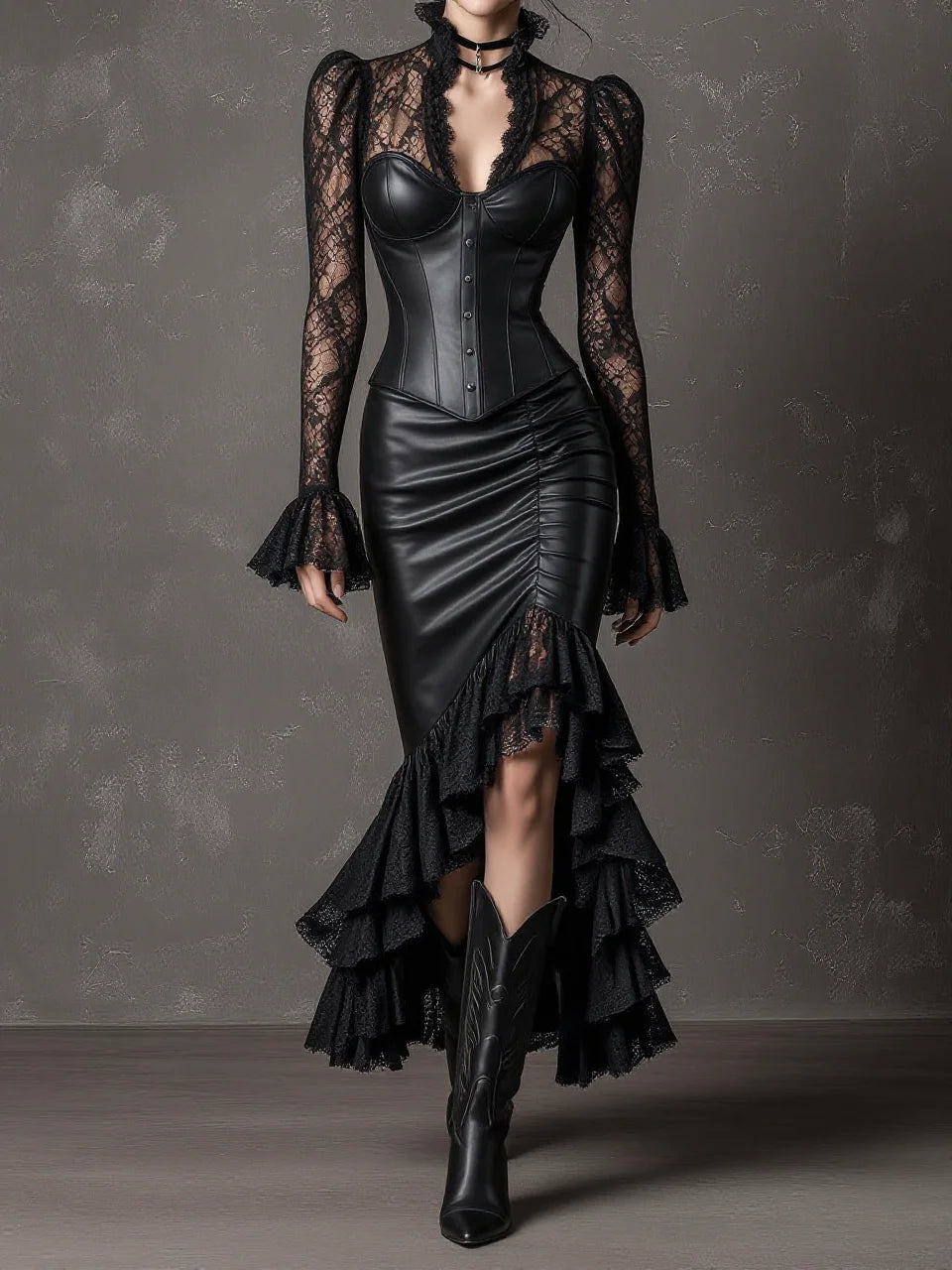 Black Lace Spliced Leather Corset Asymmetric Mermaid Skirt Set(pre order)